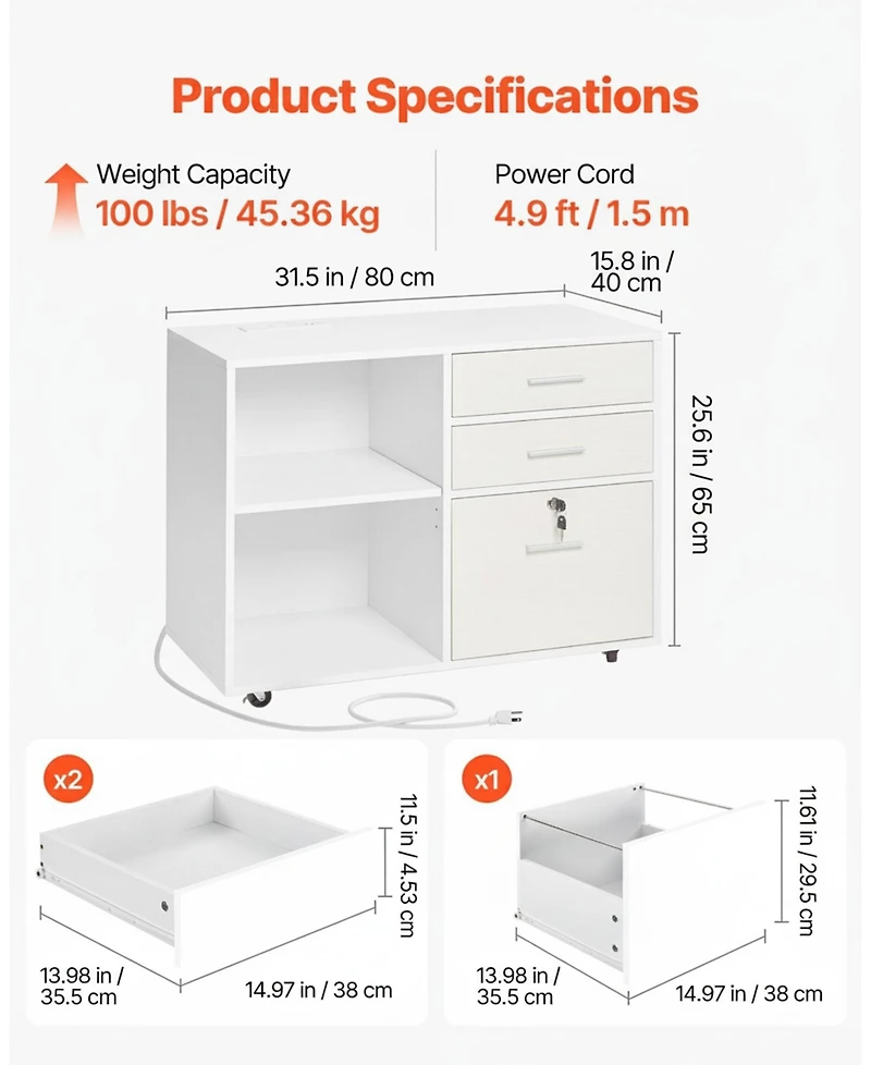 Gouun 3 Drawer Wooden File Cabinet, Mobile Filing Cabinet with Light Strip, Lockable Rolling File Storage with Adjustable Shelves and 5 Wheels, Free