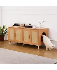 Gouun Cat Litter Box Enclosure for 2 Cats, Litter Box Furniture Hidden with Rattan Decorated Doors, Wooden Cat Box Cabinet Fit Most of Litter Box