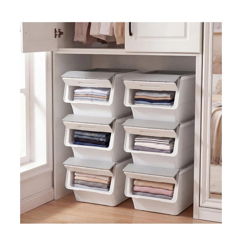 Gouun 3 Pieces Storage Bins on Wheels Stackable Plastic Boxes with Stay-Open Lid Medium