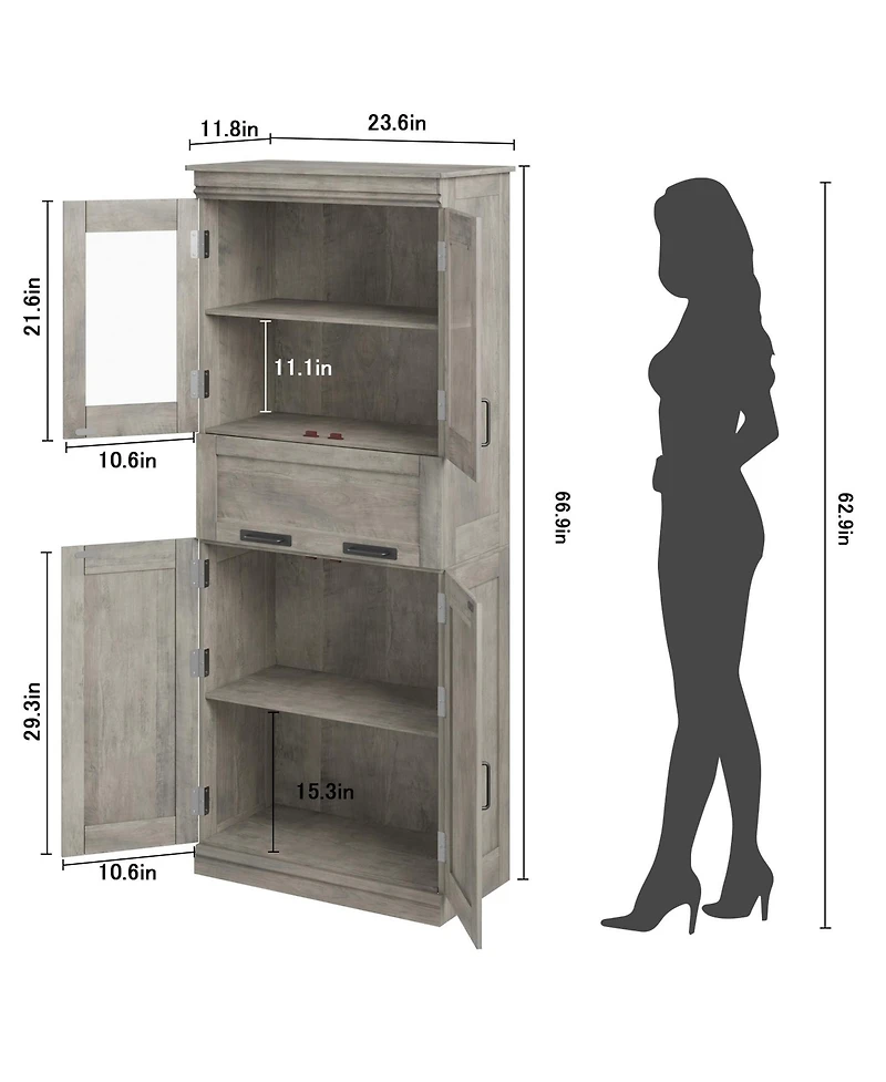 homfan 67" Tall Bathroom Storage Cabinet with 4 Doors, Flip Glass Drawer, Adjustable Shelves, Freestanding Organizer