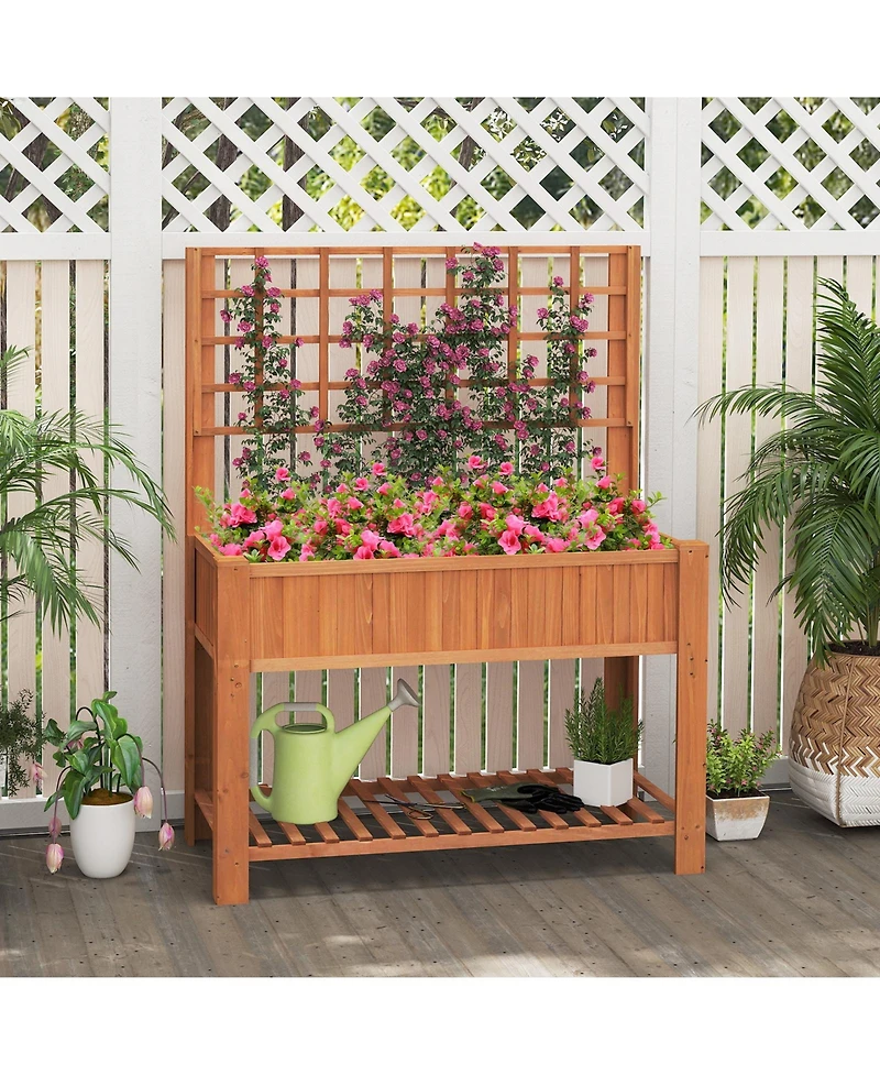 Gouun Fir Wood Raised Garden Bed with Trellis and Storage Shelf, 45 x 23 x 59 in Elevated Planter