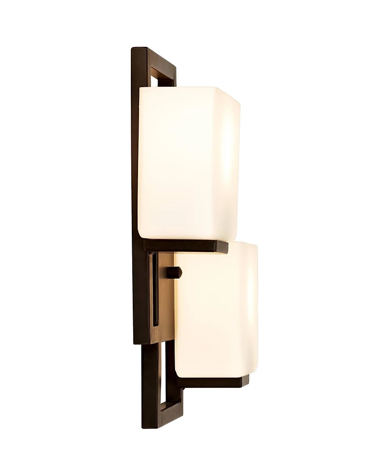 Possini Euro Design Modern Wall Light Sconces Set of 2 Bronze Hardwired High 2-Light Fixture Square Opal Glass for Bedroom