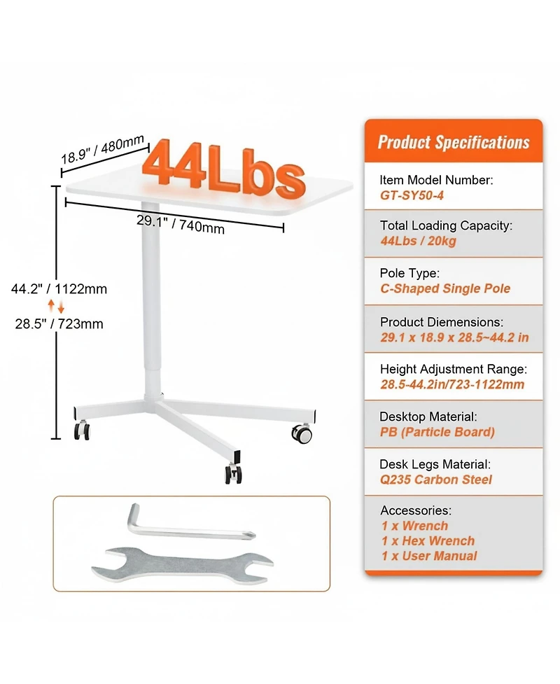 Gouun Mobile Standing Desk, Gas Spring Adjustable 28.5-44.2 in, Rolling