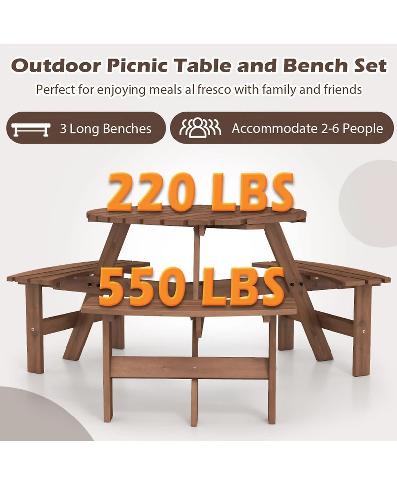 Gouun 6-Person Round Picnic Table Set with 3 Built-in Benches and Umbrella Hole