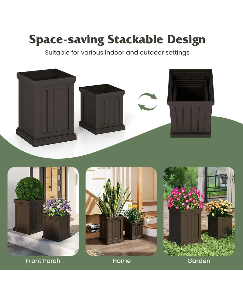Gouun Square Plastic Planter Pots Set of 2 with Drainage Holes and Nesting Storage Design