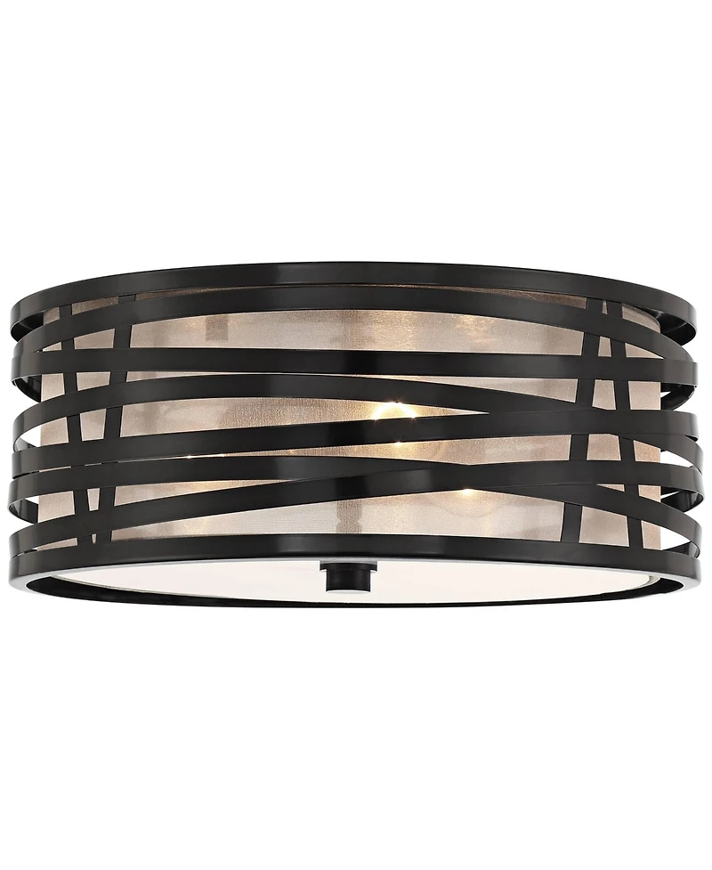 Possini Euro Design Cassia Modern Industrial Ceiling Light Flush Mount Fixture 15" Gloss Black 3-Light Champagne Shade for Bedroom House