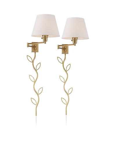 360 Lighting Clement Modern Swing Arm Wall Lamps Set of 2 with Cord Covers Warm Brass Plug-in Light Fixture Linen Drum Shade for Bedroom Bedside