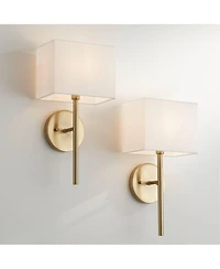 Possini Euro Design Modern Wall Light Sconces Set of 2 Warm Brass Hardwired 8" Fixture Linen Shade for Bedroom Living Room