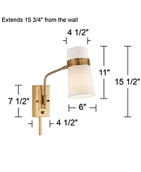 Possini Euro Design Cartwright Modern Wall Lamp Set of 2 Brass Plug-In 6" Fixture Swing Arm Linen Cylinder Shade for Bedroom