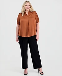 Anne Klein Plus Y-Neck Short Puff Sleeve Blouse