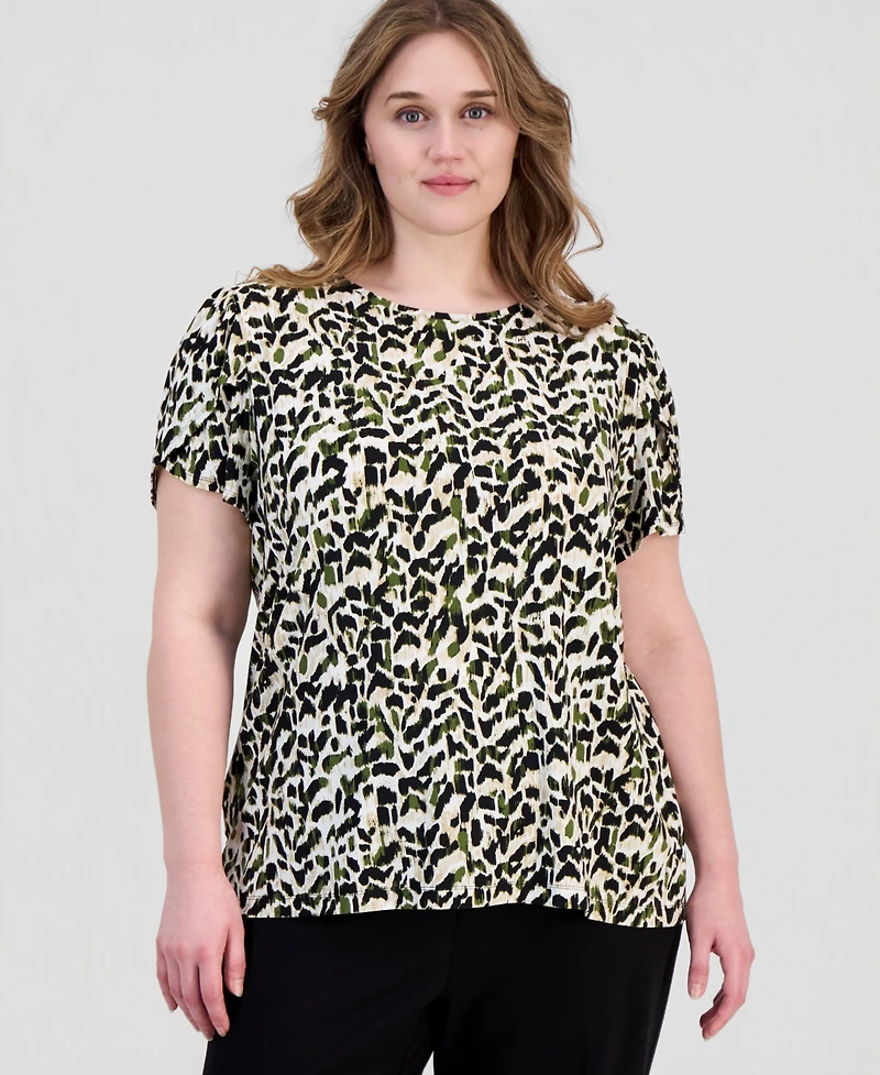 Anne Klein Essentials Plus Printed Tulip-Sleeve Top