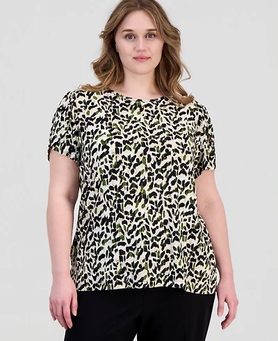 Anne Klein Essentials Plus Printed Tulip-Sleeve Top