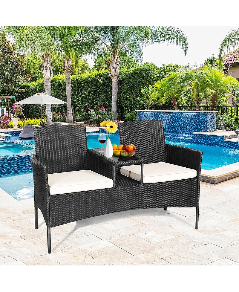 Gymax Cushioned Patio Rattan Seat Loveseat Sofa Table Chairs