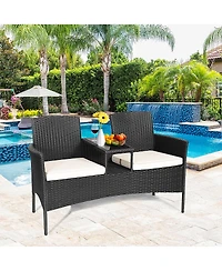 Gymax Cushioned Patio Rattan Seat Loveseat Sofa Table Chairs