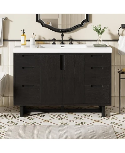 Sillysis 47.2 Inch Bathroom Vanity with Sink, Modern Freestanding Cabinet, 6 Soft Close Drawers, Smc Resin Top, Ample Storage