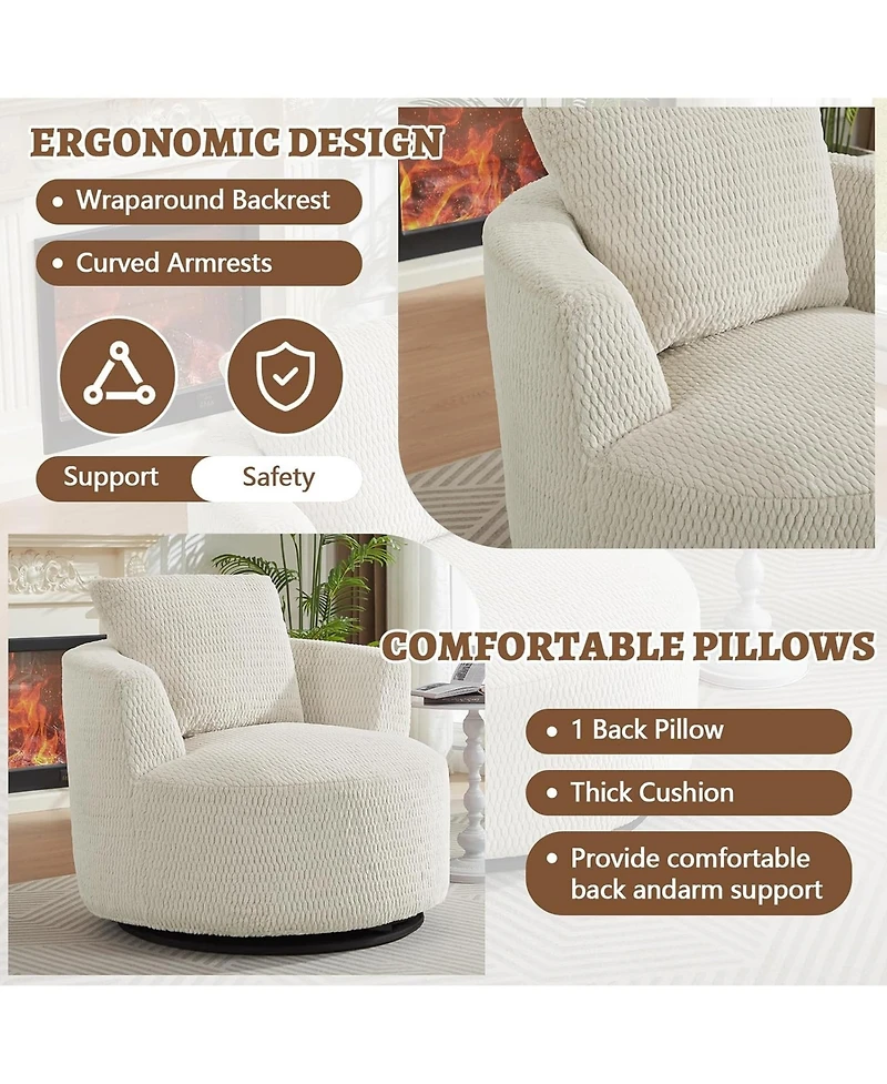 Rainsken 360 degrees Swivel Accent Chair, Modern Compressible Barrel Chair with Wooden Frame, Comfort Seating for Living Room, Reading Room, Office