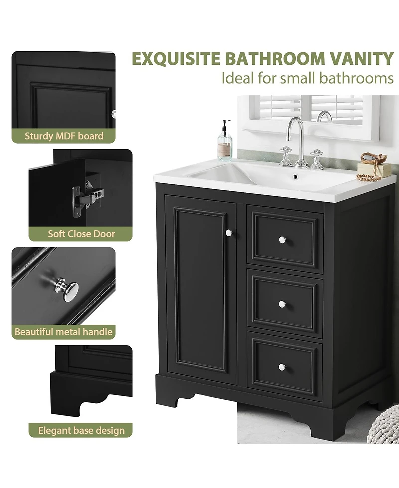 Sillysis 30 Inch Bathroom Vanity with Sink, Solid Wood Frame, Modern Freestanding Cabinet, Soft Close Drawers and Ceramic Top
