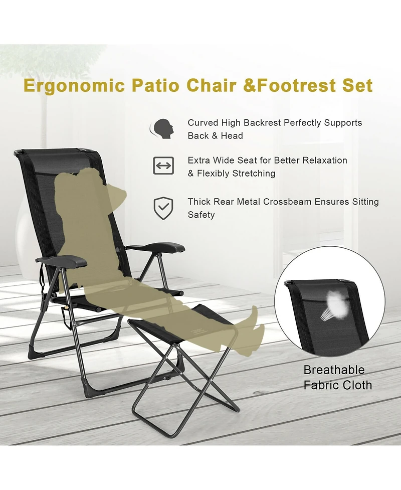 Gymax 4PCS Folding Patio Recliner Chair and Ottoman Set w/ Adjustable Backrest