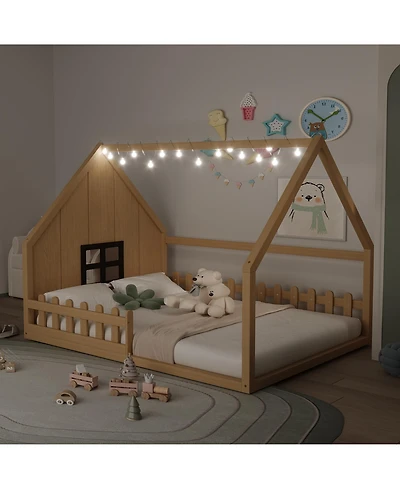 flynama Full Size Wood House Bed Window Fence