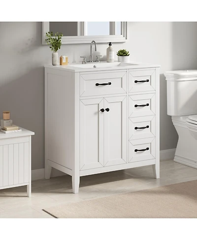 Sillysis 30 Inch Bathroom Vanity with Sink, Modern Freestanding Cabinet, Solid Wood Legs, Ceramic Top and 3 Drawers Storage