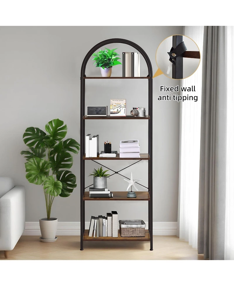 gaomon 5-Tier Modern Arched Bookshelf with Metal Frame, Tall Open Display Storage Rack