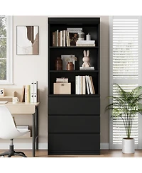gaomon Tall Modern Black Bookcase with 3 Open Shelves and 3 Drawers, Deep Storage Cabinet