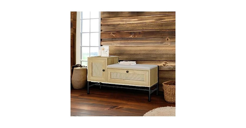 gaomon Rattan Shoe Bench Entryway Bench with Storage Drawer and Cabinet, Wooden Storage Bench with Linen Seat Cushion, for Hallway and Bedroom