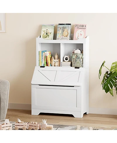 gaomon 2-Tier Kids Toy Storage Organizer with Flip-Top Lid, Wooden Toy Chest Bookshelf for Playroom