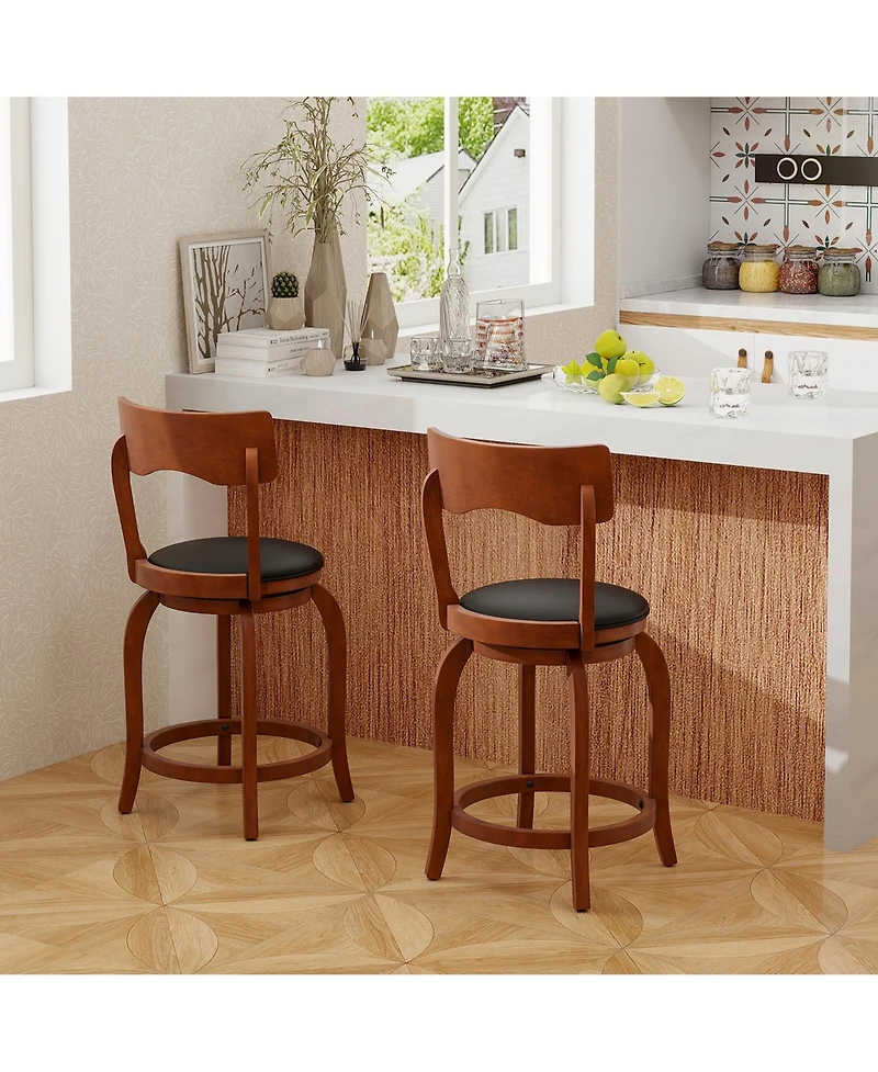 Gymax Swivel Bar Stools Set of w/ Rubber Wood Frame Upholstered Seat Footrest