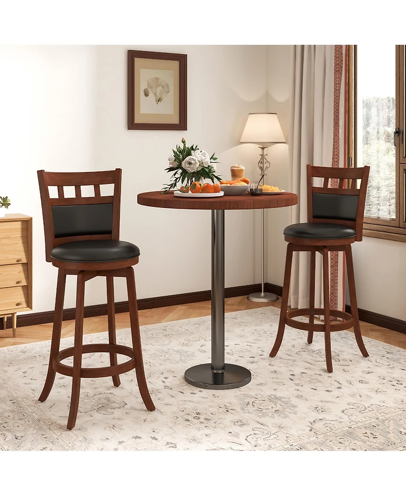 Gymax Wood Swivel Bar Stools Set of 4 With Faux Leather Upholstered Seat and Back