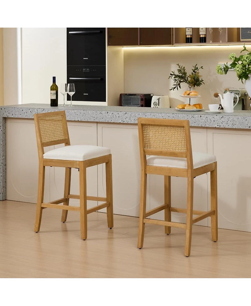 Maison Boucle Seat Solid Wood Rattan Back Bar Stools, Linen Cushion, Set of 2