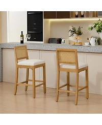 Maison Boucle Seat Solid Wood Rattan Back Bar Stools, Linen Cushion, Set of 2