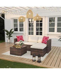 gaomonPieces Patio Furniture Set, Outdoor Glass Table and Cushions with Rattan Wicker Chairs, Set for Porch, Balcony, Backyard