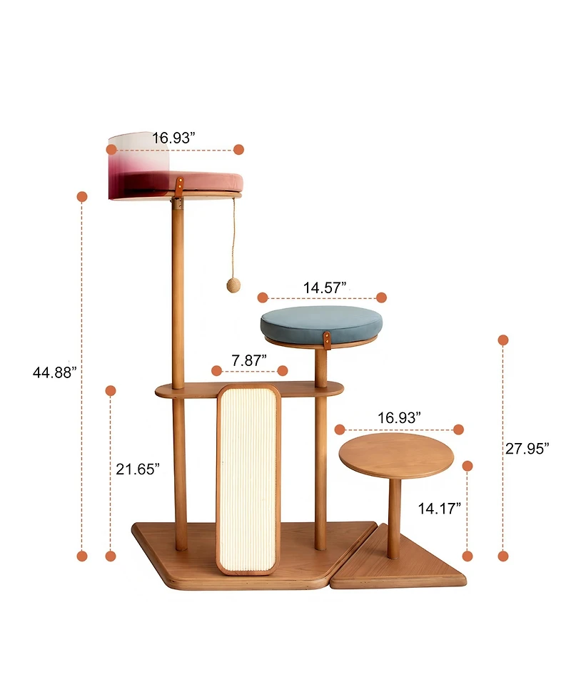 Zeus and Ruta Modern Cat Tower Cat Furniture with Veneer Shelves Solid Rubberwood Posts and Sisal and Acrylic Pod