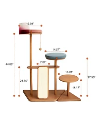 Zeus and Ruta Modern Cat Tower Cat Furniture with Veneer Shelves Solid Rubberwood Posts and Sisal and Acrylic Pod