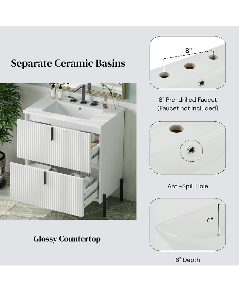 Sillysis Bathroom Vanity with Sink, Modern Fluted Mdf Cabinet, Soft Close Full-Extension Drawers for Small Spaces