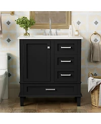 Sillysis Sage Green Bathroom Vanity with Ceramic Sink, Freestanding Solid Wood Mdf Cabinet, 3 Drawers Soft Close Door for Small Bathrooms