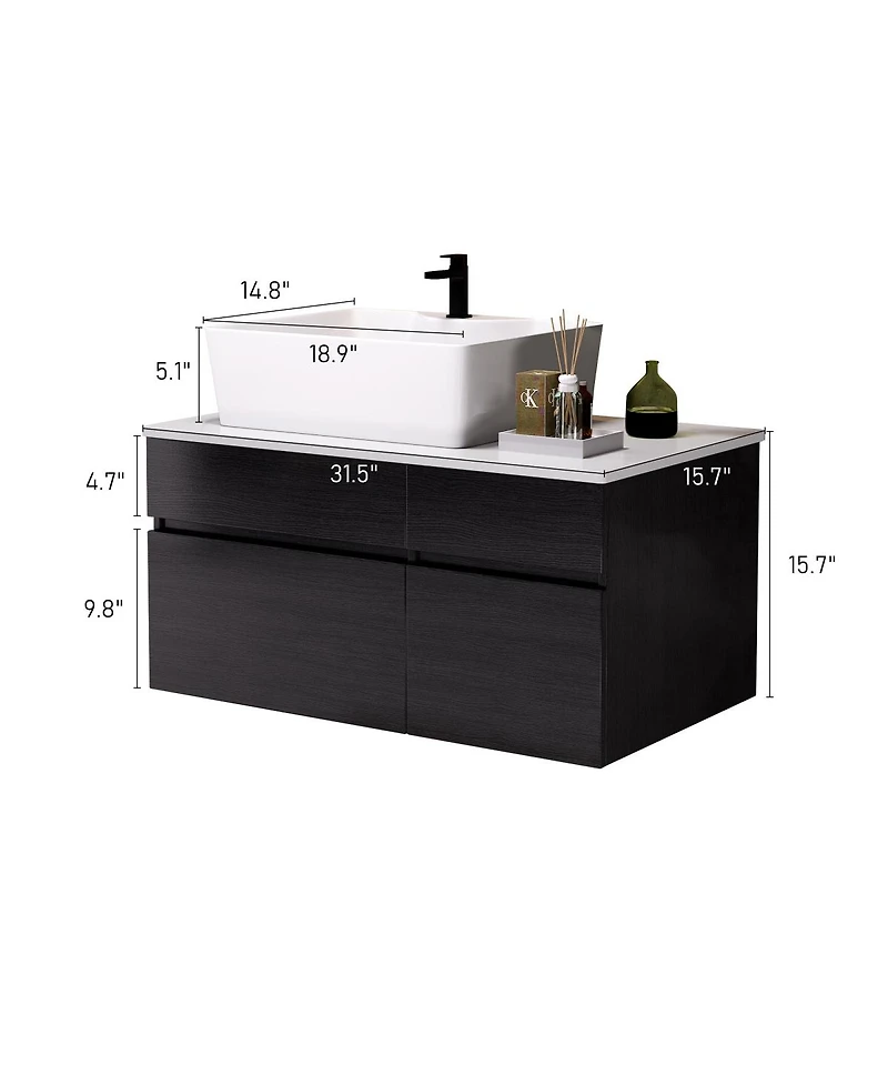 Sillysis Floating Bathroom Vanity with Vessel Ceramic Sink, Soft Close Drawer, Wall Mounted for Small Spaces