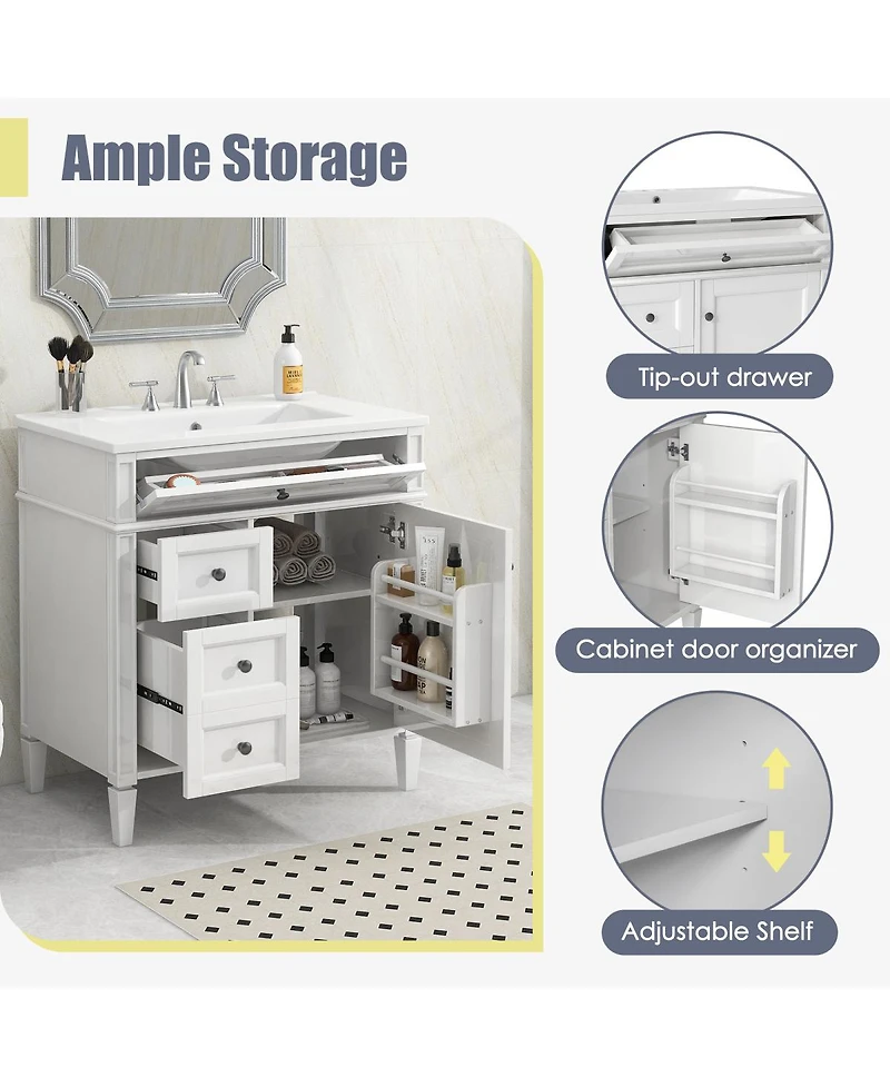 Sillysis Bathroom Vanity with Ceramic Sink, Solid Wood Cabinet, Ample Storage Drawers Adjustable Shelf for Small