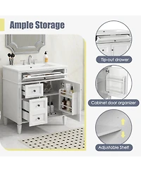 Sillysis Bathroom Vanity with Ceramic Sink, Solid Wood Cabinet, Ample Storage Drawers Adjustable Shelf for Small