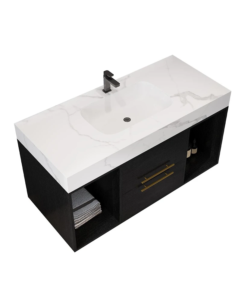 Sillysis Floating Bathroom Vanity with Ceramic Sink, Sintered Stone Top, 2 Soft Close Drawers, Wall Mounted Modern Cabinet