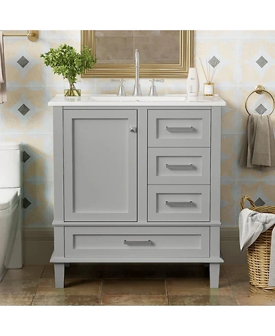 Sillysis Sage Green Bathroom Vanity with Ceramic Sink, Freestanding Solid Wood Mdf Cabinet, 3 Drawers Soft Close Door for Small Bathrooms