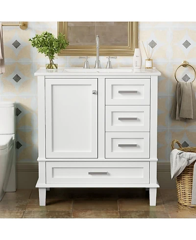 Sillysis Sage Green Bathroom Vanity with Ceramic Sink, Freestanding Solid Wood Mdf Cabinet, 3 Drawers Soft Close Door for Small Bathrooms