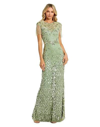 Mac Duggal Petite Beaded Fringe High-Neck Fitted Evening Gown