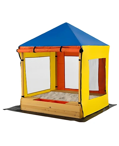 Slickblue Outdoor Wooden Sandbox for Kids with Canopy and Mesh Windows