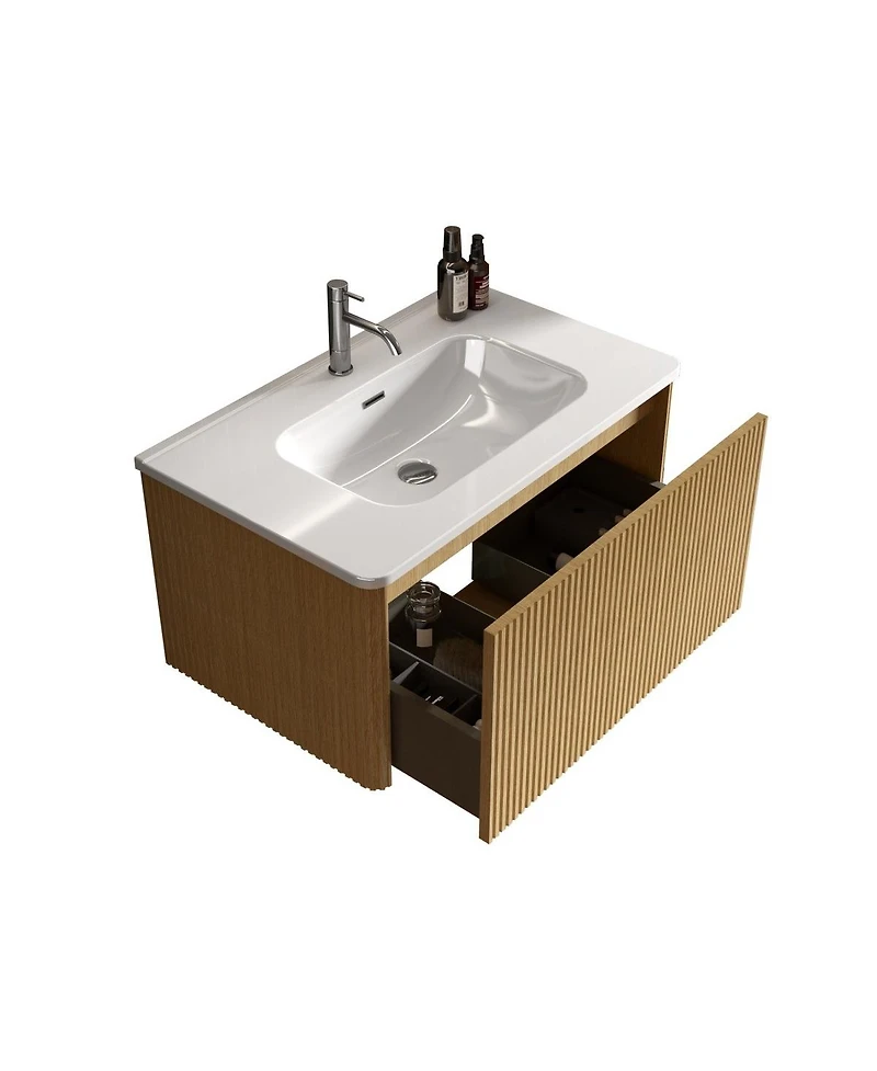 Sillysis Floating Bathroom Vanity with Integrated Ceramic Sink and Push Open Drawer, Wall Mounted for Small