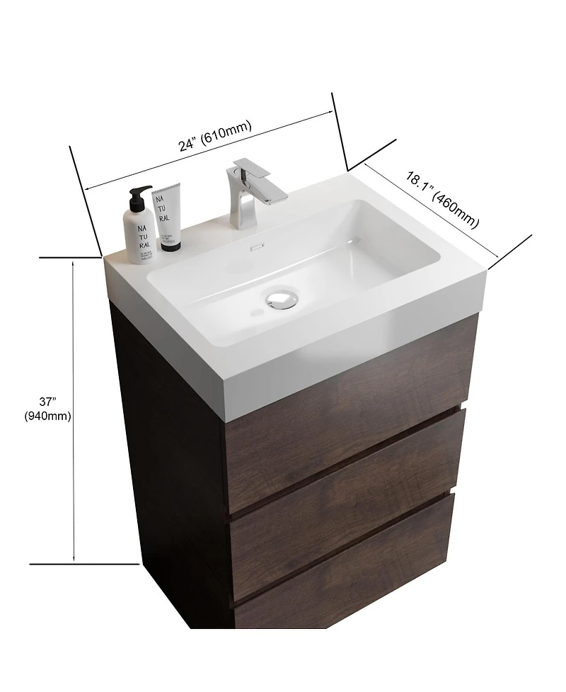 Sillysis 24" Walnut Freestanding Bathroom Vanity with Sink, Modern Melamine Bathroom Storage Cabinet without Faucet