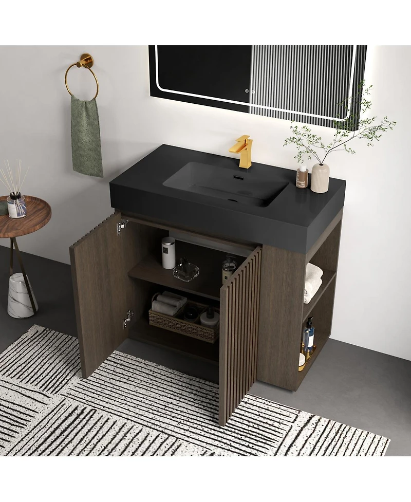 Sillysis Modern Bathroom Vanity with Quartz Sink, Soft-Close Doors, Open Shelf Storage, Winston Mid-Century Fluted Cabinet