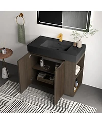 Sillysis Modern Bathroom Vanity with Quartz Sink, Soft-Close Doors, Open Shelf Storage, Winston Mid-Century Fluted Cabinet