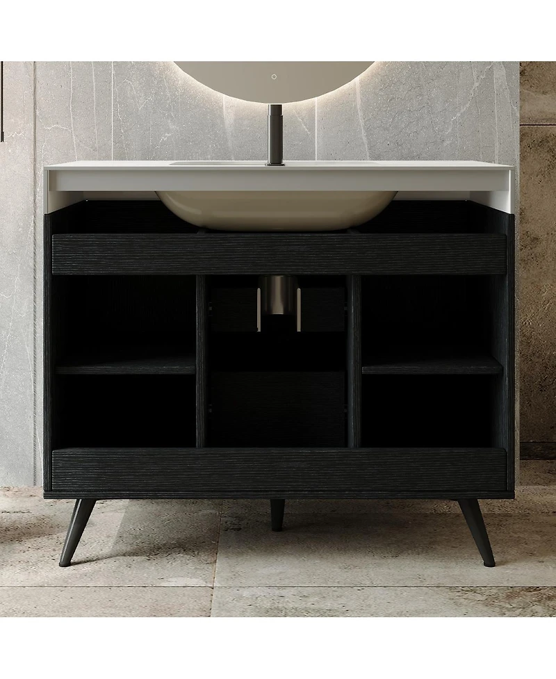 Sillysis Walnut Freestanding Bathroom Vanity with Sintered Stone Top, Ceramic Sink, Soft Close Storage, Stainless Steel Legs-Sillysis